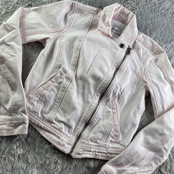 Abercrombie Kids Jean Jacket Girls Small Pink Distressed Denim Rock Retro Zip - Picture 1 of 8